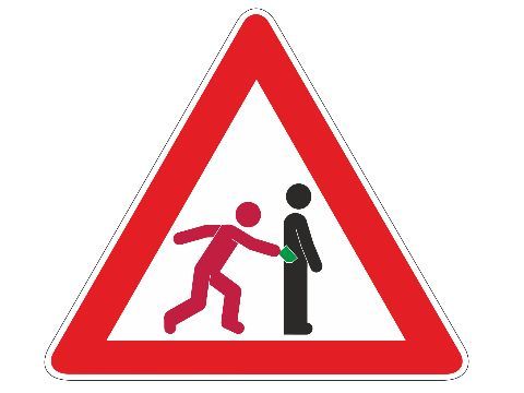 Dreieckiges Verkehrszeichen mit Piktogrammen zum Taschendiebstahl